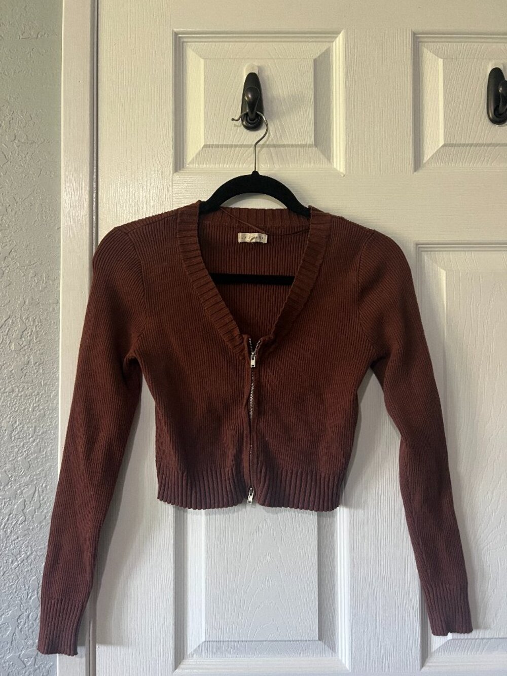 LA Hearts Brown Ribbed Cropped Zip-Up Sweater